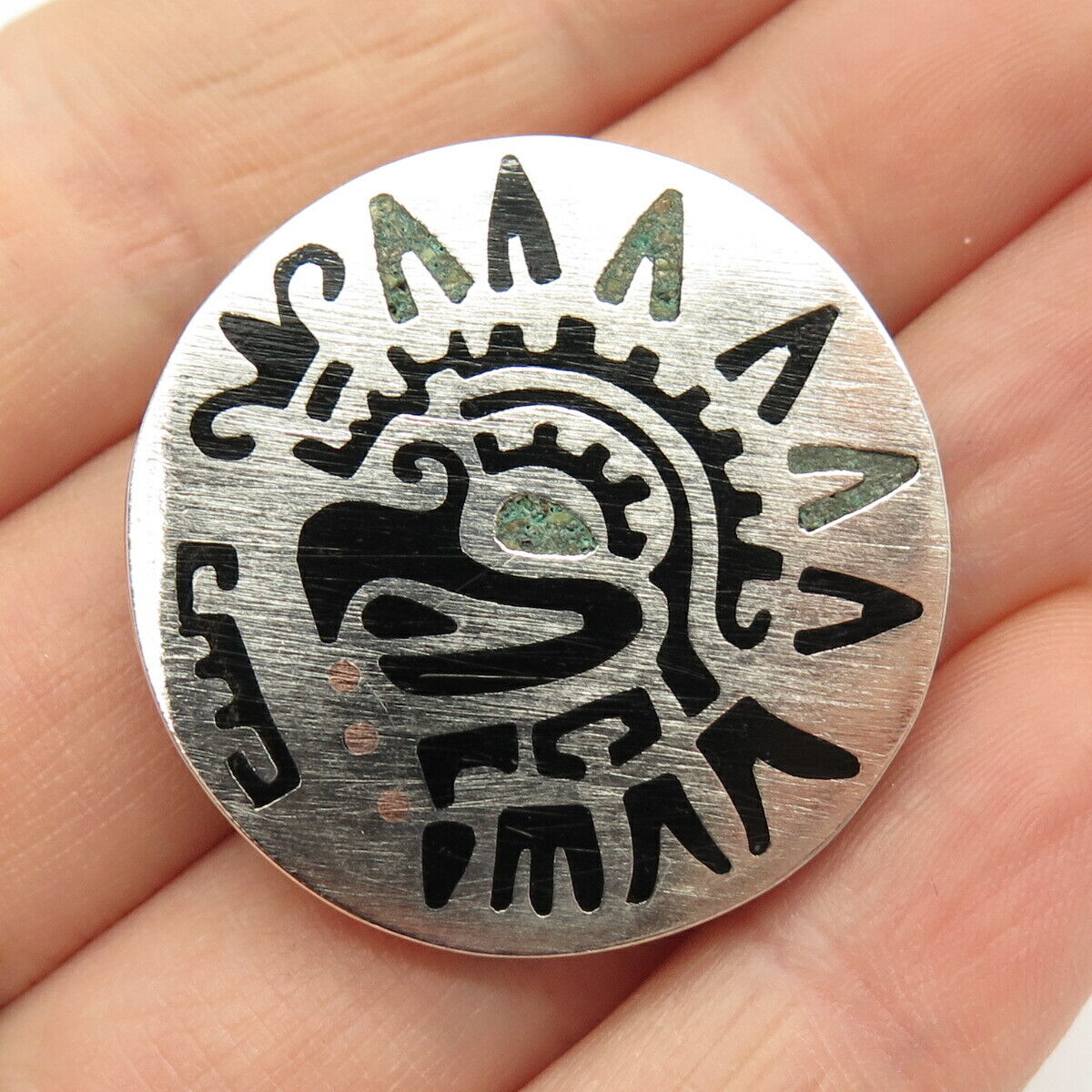 925 Sterling Silver Vintage Mexico Black Onyx & Azurite Gem Inlay Tribal Brooch