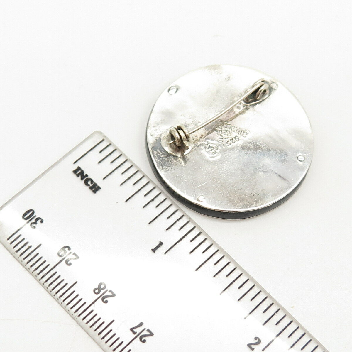 925 Sterling Silver Vintage Mexico Black Onyx & Azurite Gem Inlay Tribal Brooch