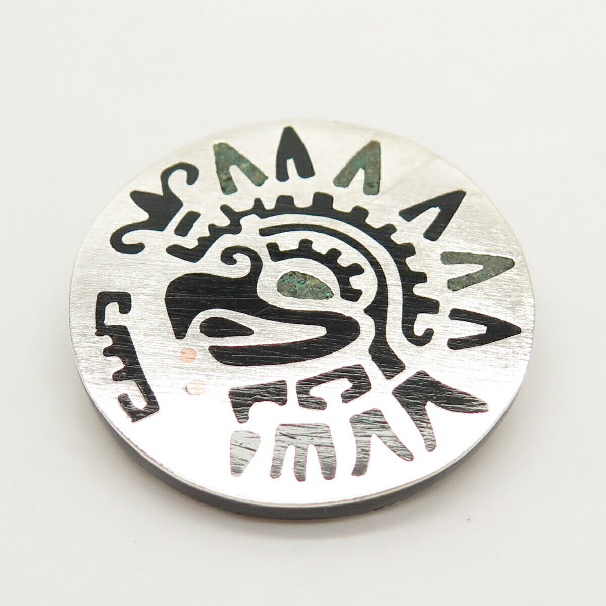 925 Sterling Silver Vintage Mexico Black Onyx & Azurite Gem Inlay Tribal Brooch
