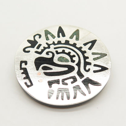925 Sterling Silver Vintage Mexico Black Onyx & Azurite Gem Inlay Tribal Brooch