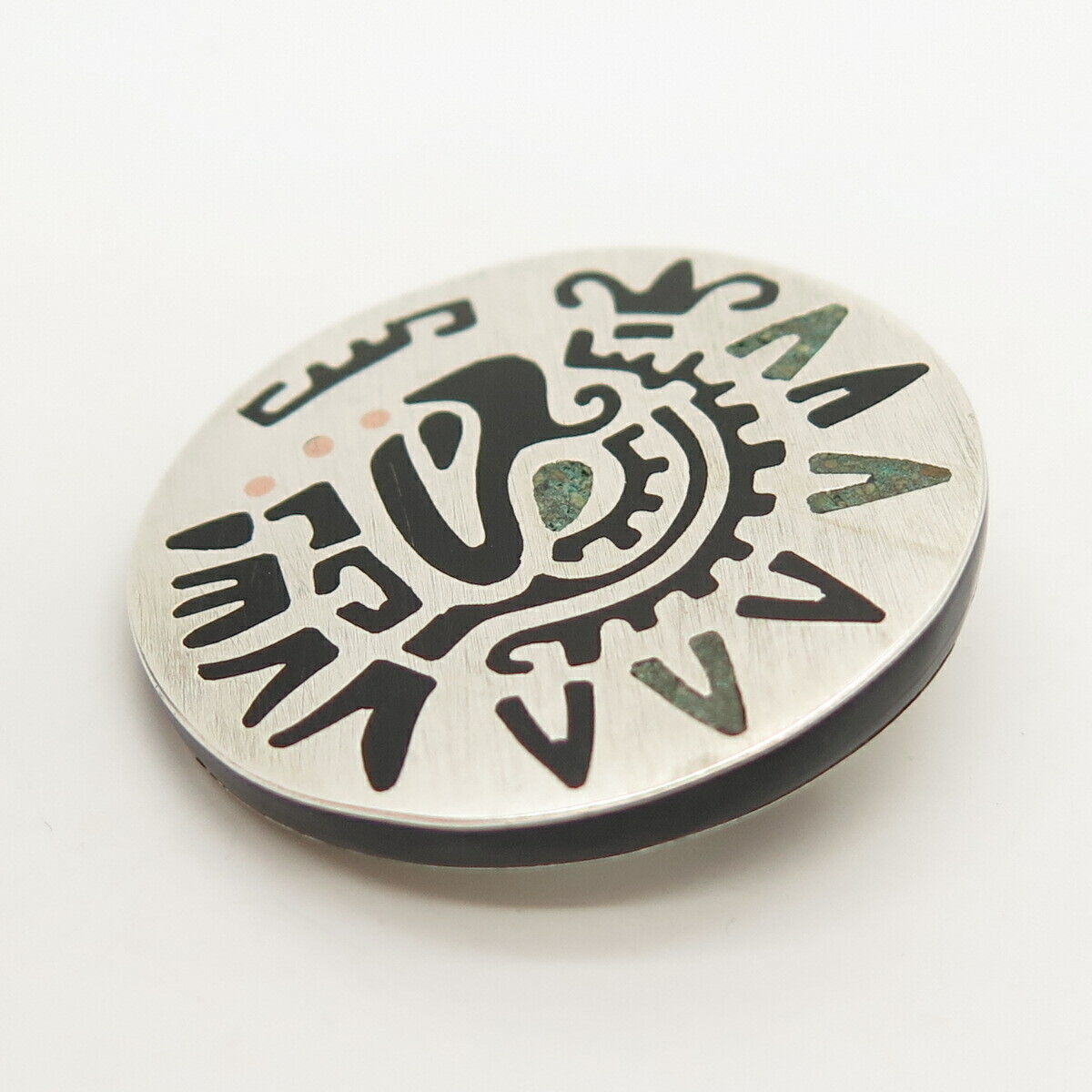 925 Sterling Silver Vintage Mexico Black Onyx & Azurite Gem Inlay Tribal Brooch