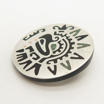 925 Sterling Silver Vintage Mexico Black Onyx & Azurite Gem Inlay Tribal Brooch