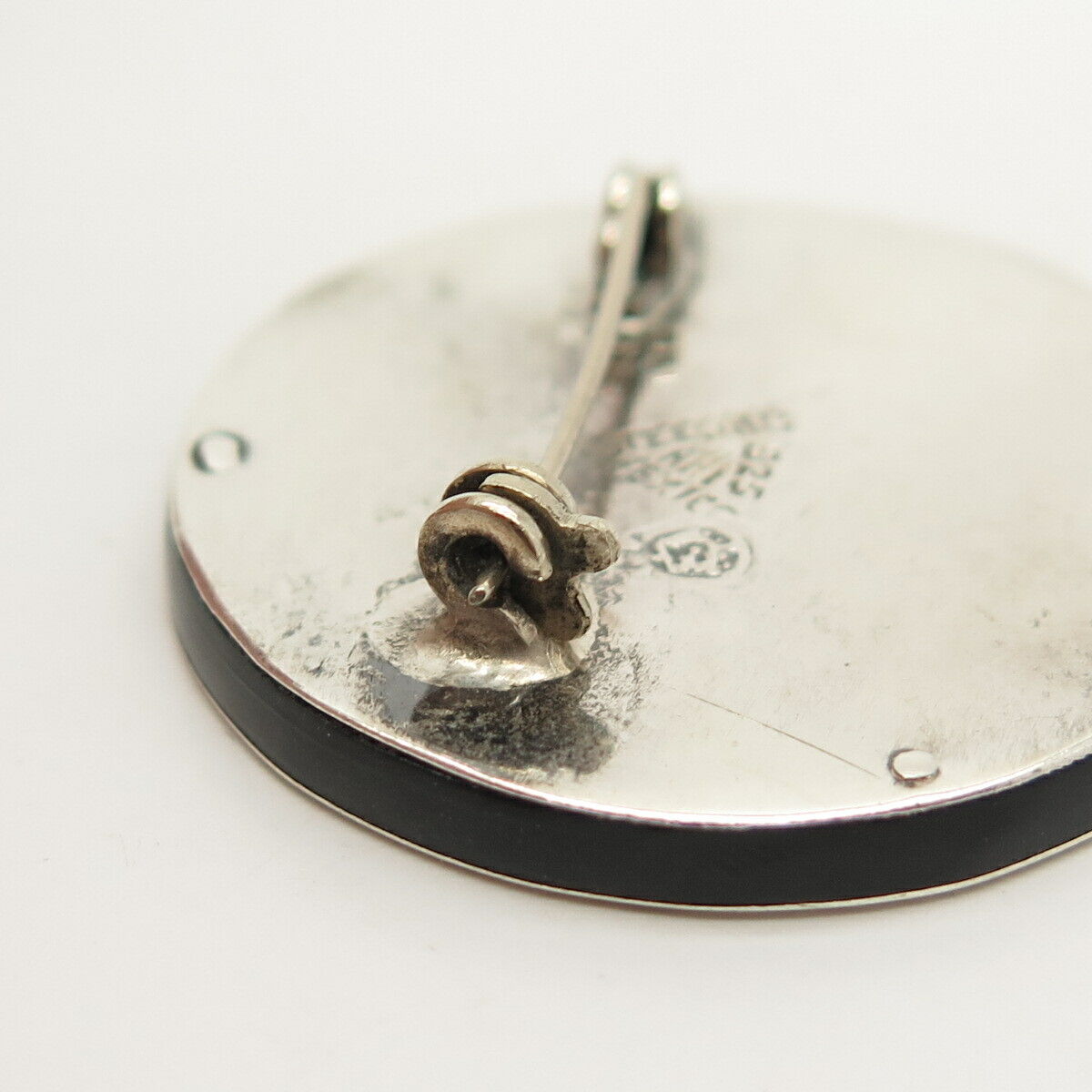 925 Sterling Silver Vintage Mexico Black Onyx & Azurite Gem Inlay Tribal Brooch