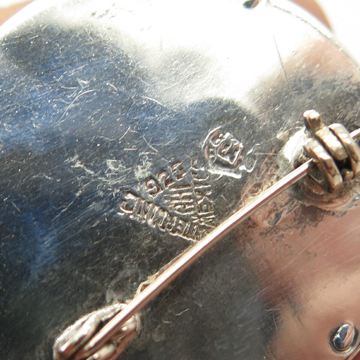 925 Sterling Silver Vintage Mexico Black Onyx & Azurite Gem Inlay Tribal Brooch