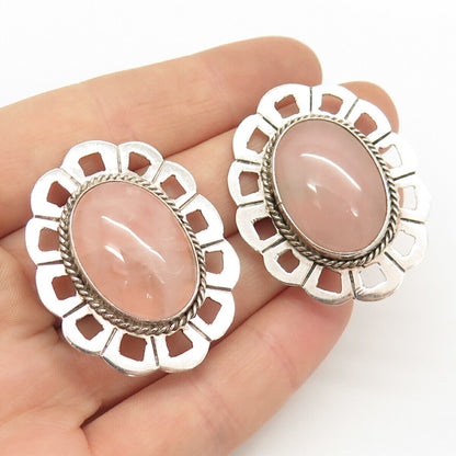 925 Sterling Silver Vintage Mexico Real Rose Quartz Clip On Earrings