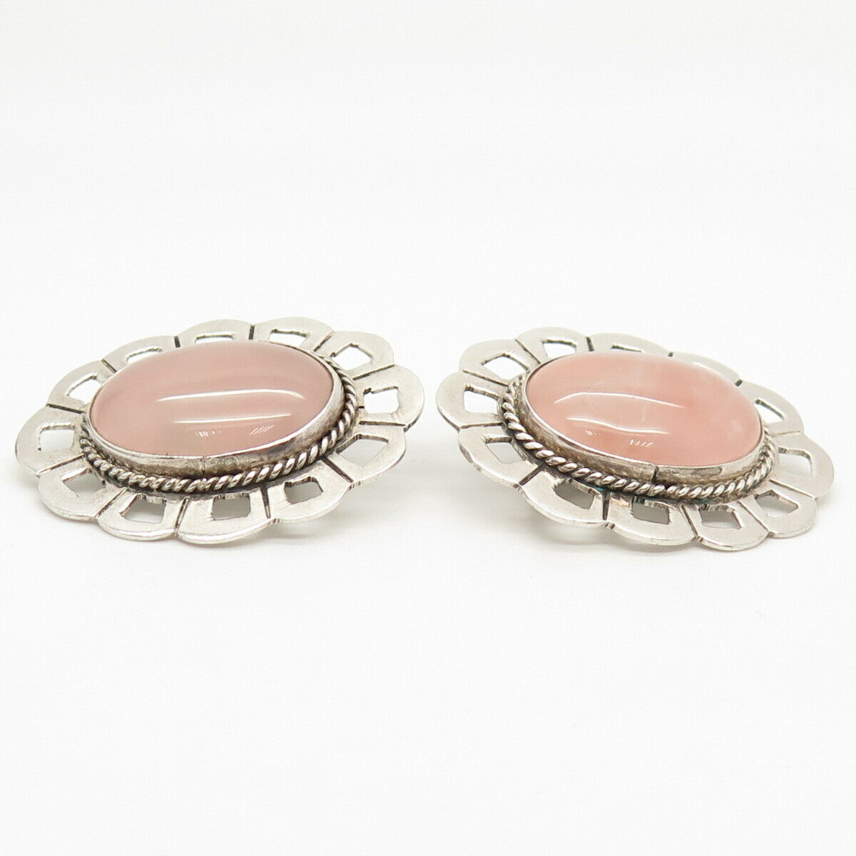 925 Sterling Silver Vintage Mexico Real Rose Quartz Clip On Earrings