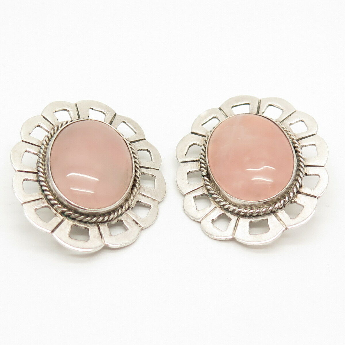 925 Sterling Silver Vintage Mexico Real Rose Quartz Clip On Earrings