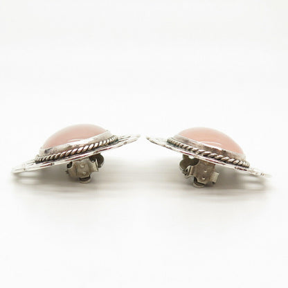 925 Sterling Silver Vintage Mexico Real Rose Quartz Clip On Earrings