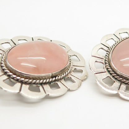 925 Sterling Silver Vintage Mexico Real Rose Quartz Clip On Earrings