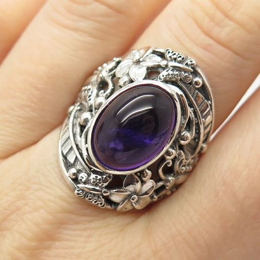 925 Sterling Silver Vintage Amethyst-Tone C Z Floral Ring Size 7 3/4