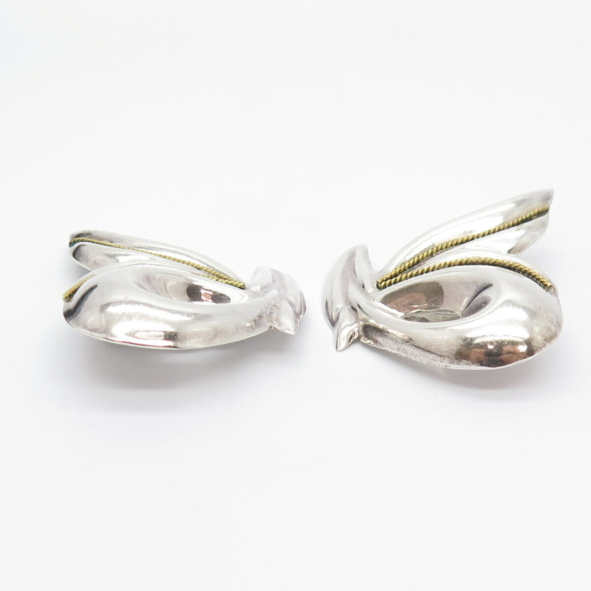 925 Sterling Silver 2-Tone Vintage Mexico Twisted Ribbon Clip On Earrings