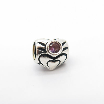 925 Sterling Silver Chamilia Real Amethyst Gemstone Heart Bead Charm