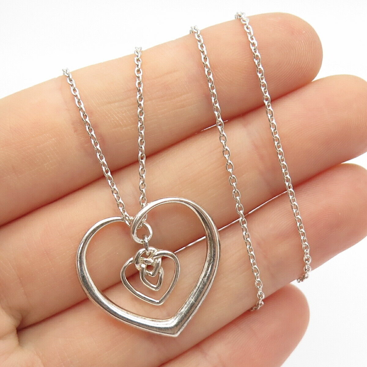 925 Sterling Silver Vintage Double Heart Pendant Rolo Chain Necklace 18"