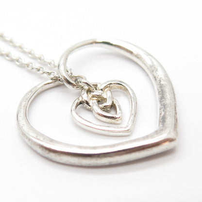 925 Sterling Silver Vintage Double Heart Pendant Rolo Chain Necklace 18"