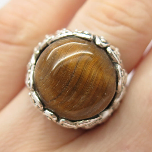 925 Sterling Silver Vintage Real Tiger Eye Gemstone Domed Ring Size 5.5