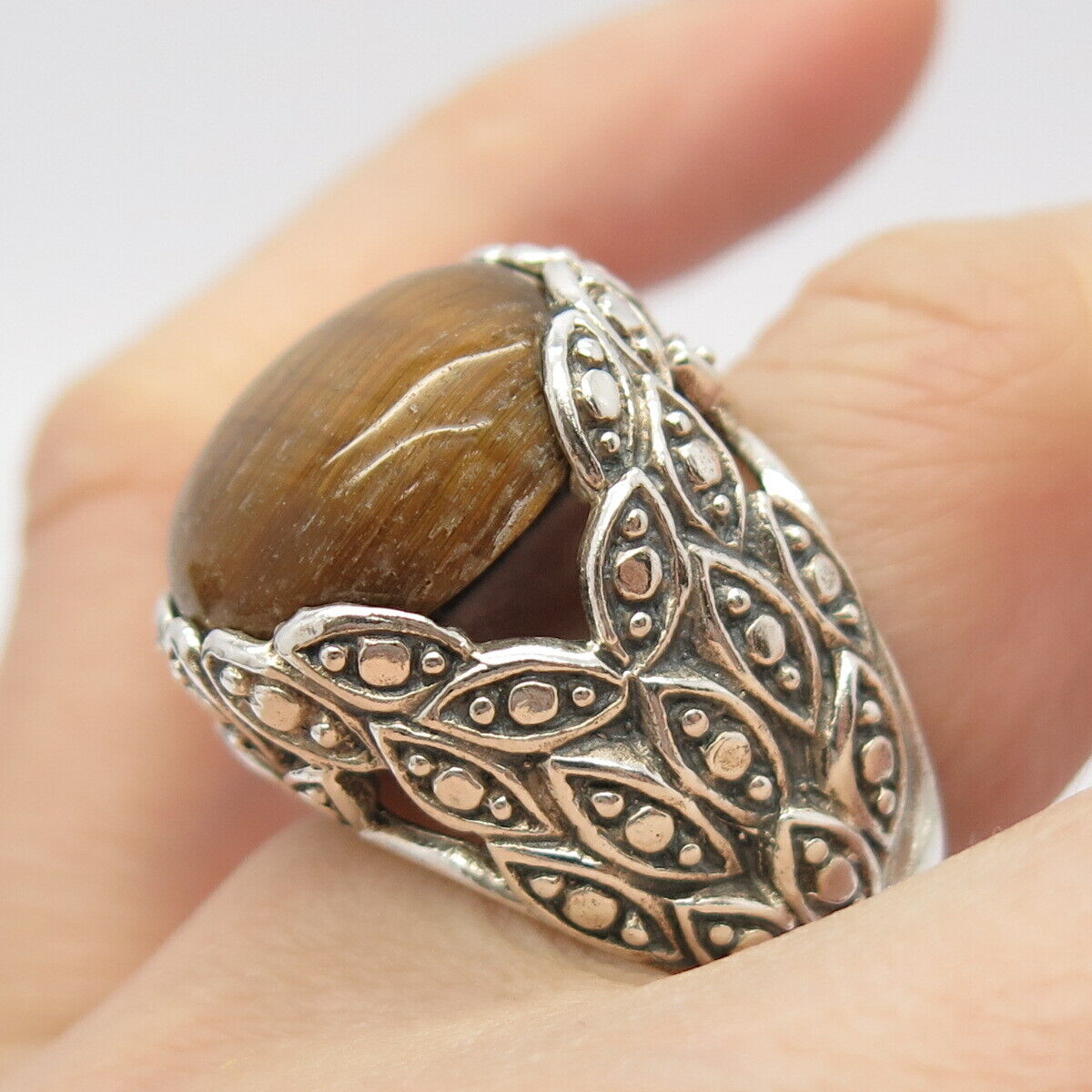 925 Sterling Silver Vintage Real Tiger Eye Gemstone Domed Ring Size 5.5