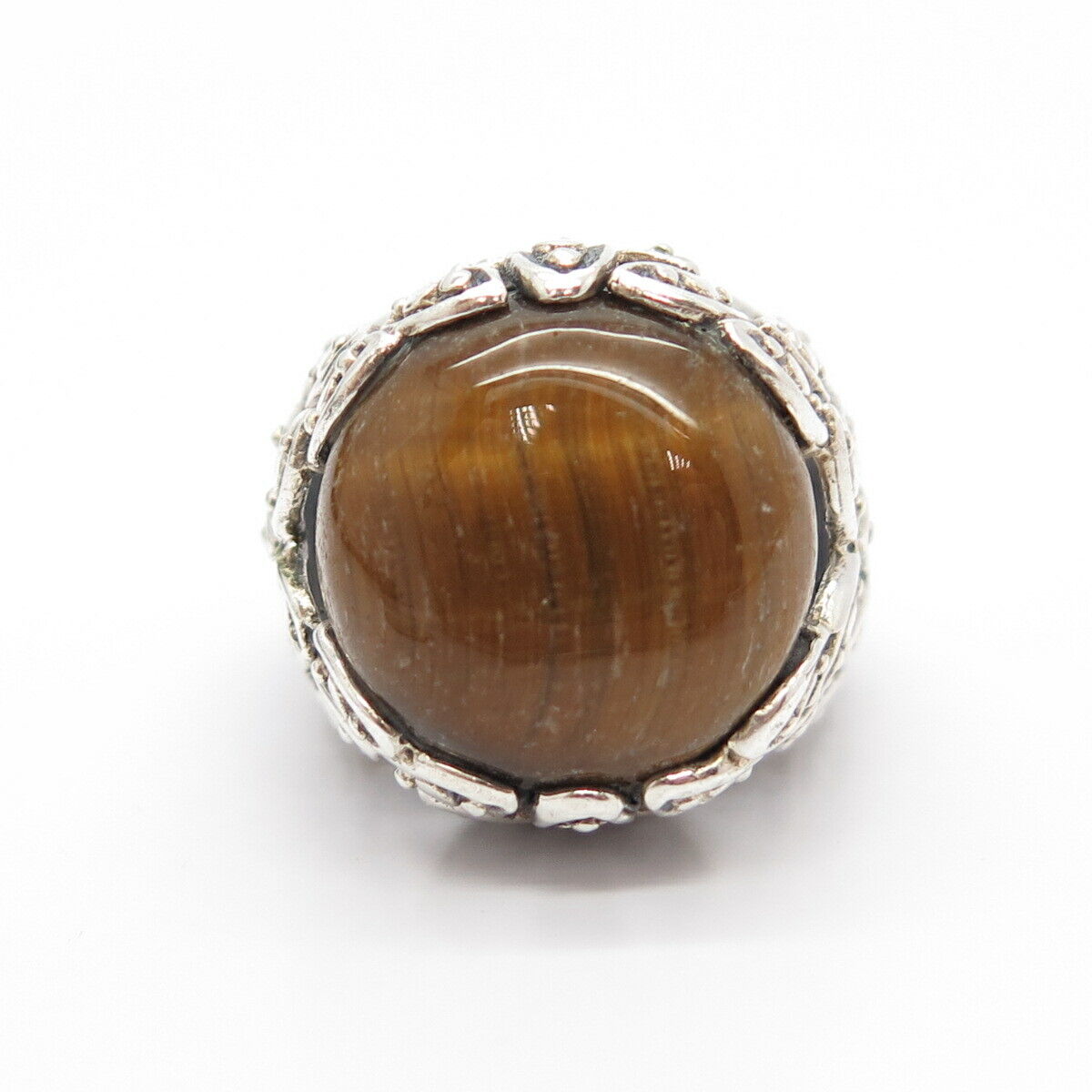 925 Sterling Silver Vintage Real Tiger Eye Gemstone Domed Ring Size 5.5