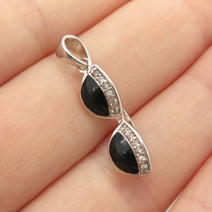 925 Sterling Silver Real Black Onyx Gemstone & C Z Glasses Pendant