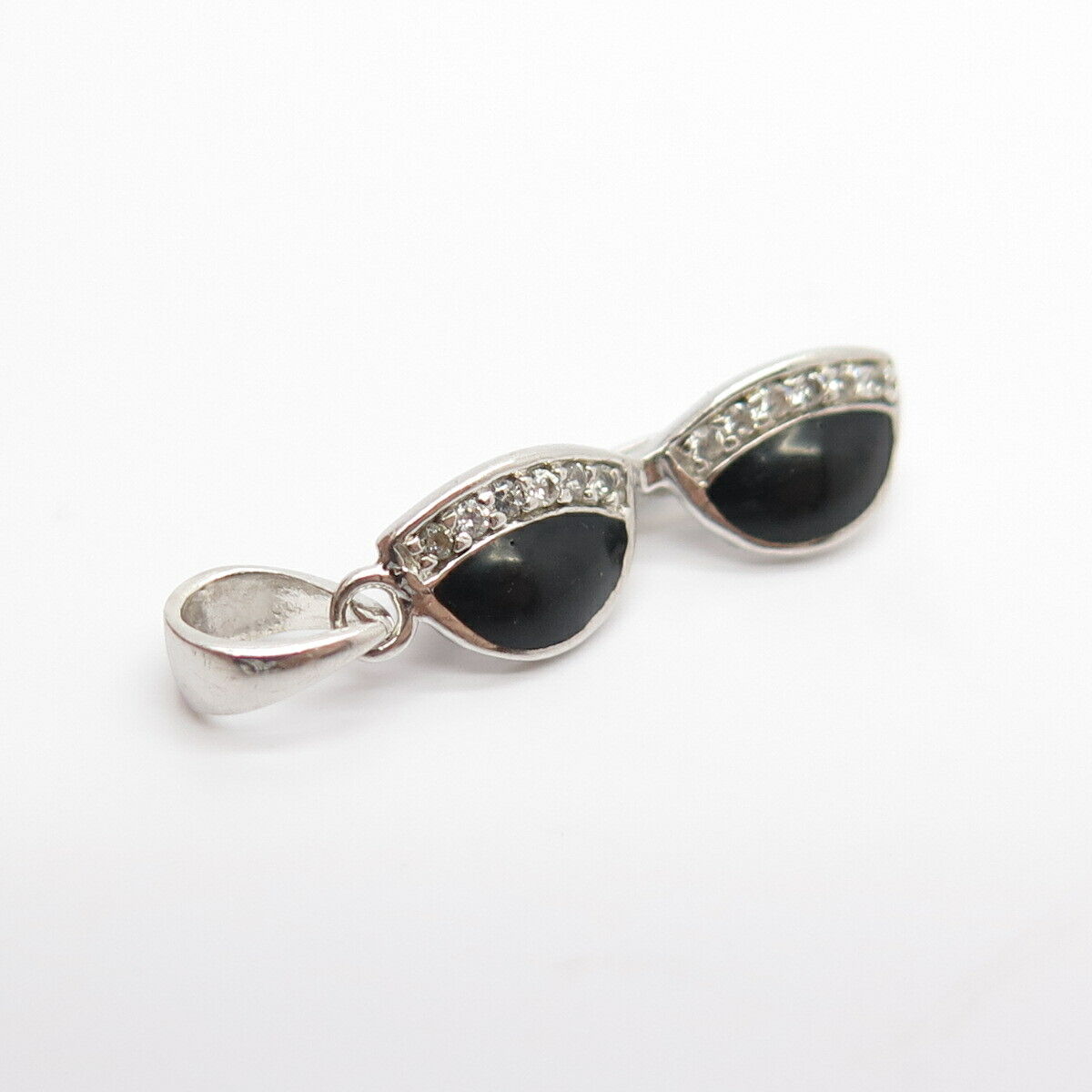 925 Sterling Silver Real Black Onyx Gemstone & C Z Glasses Pendant