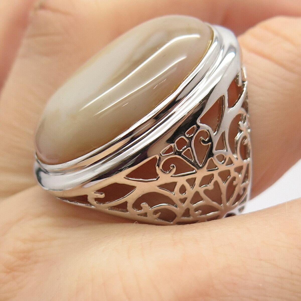 925 Sterling Silver Real Agate Gemstone Ornate Statement Ring Size 9