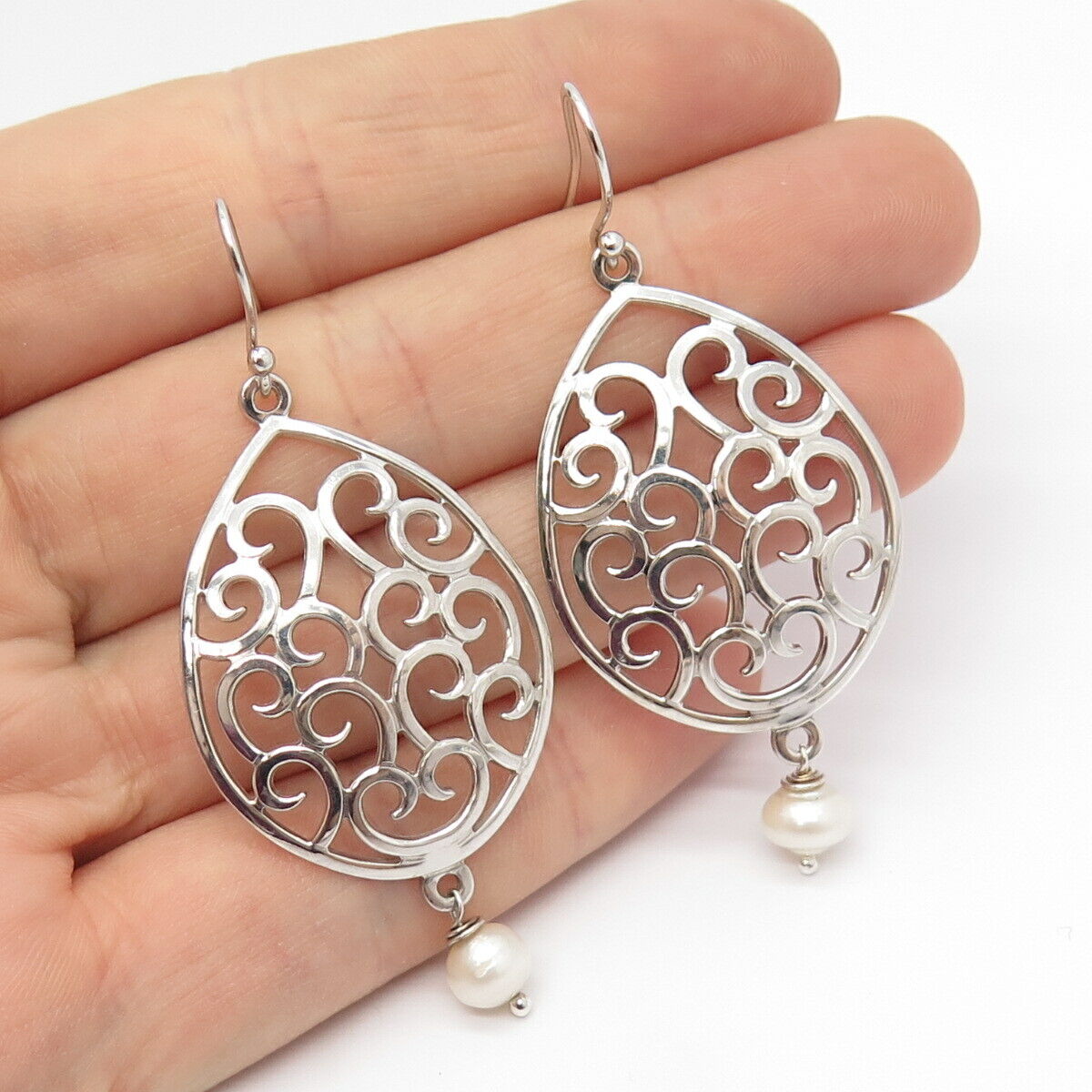 925 Sterling Silver Real Pearl Ornate Swirl Dangling Earrings