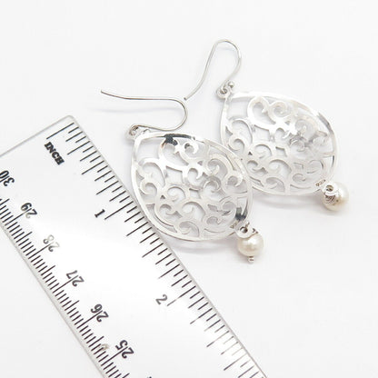 925 Sterling Silver Real Pearl Ornate Swirl Dangling Earrings