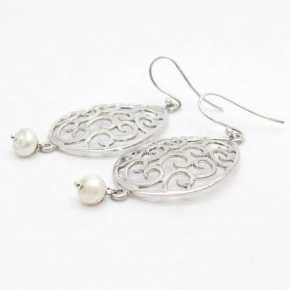 925 Sterling Silver Real Pearl Ornate Swirl Dangling Earrings