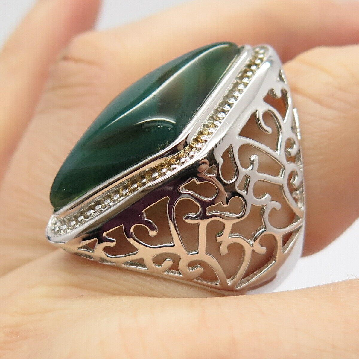 925 Sterling Silver Real Agate Gem Wide Ring Size 7 1/4
