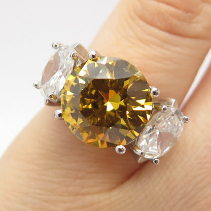 925 Sterling Silver White & Citrine-Tone C Z Ring Size 6