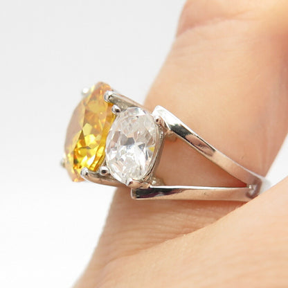 925 Sterling Silver White & Citrine-Tone C Z Ring Size 6