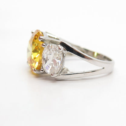 925 Sterling Silver White & Citrine-Tone C Z Ring Size 6