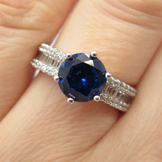 925 Sterling Silver Lab-Created Sapphire Gem & C Z Ring Size 7