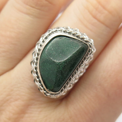 925 Sterling Silver Vintage Mexico Real Green Goldstone Gem Ring Size 7 3/4