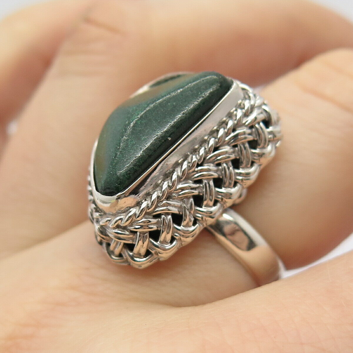 925 Sterling Silver Vintage Mexico Real Green Goldstone Gem Ring Size 7 3/4