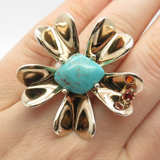 925 Sterling Silver 2-Tone Vintage Garnet & Turquoise Gem Floral Ring Size 6.5