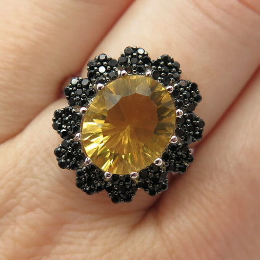 925 Sterling Silver Real Citrine & Melanite Gemstone Ring