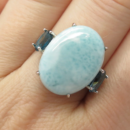 925 Sterling Silver Real Larimar & London Blue Topaz Gem Ring