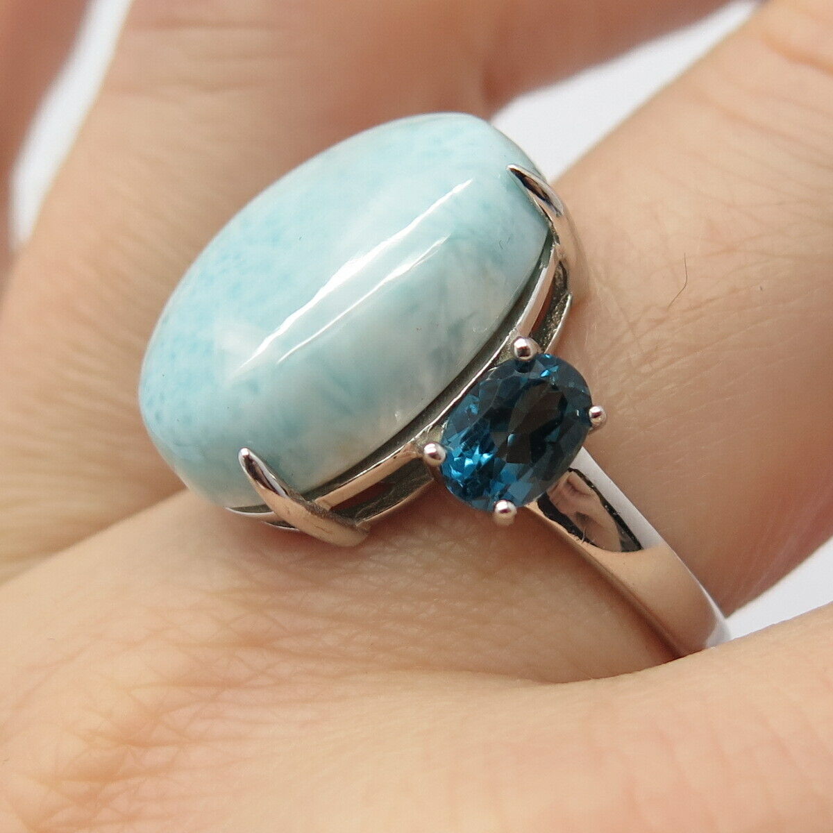 925 Sterling Silver Real Larimar & London Blue Topaz Gem Ring