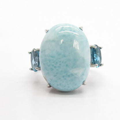 925 Sterling Silver Real Larimar & London Blue Topaz Gem Ring