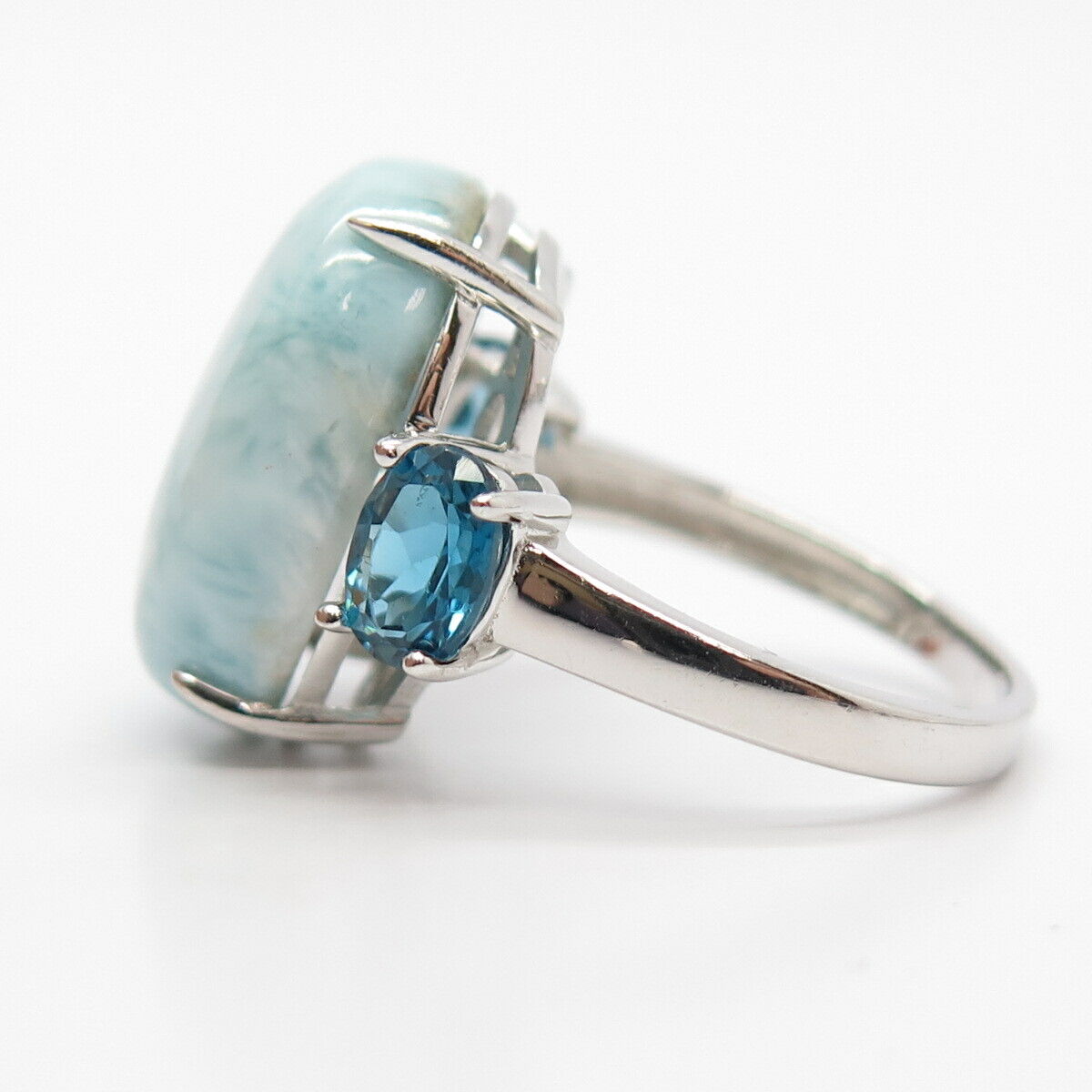 925 Sterling Silver Real Larimar & London Blue Topaz Gem Ring