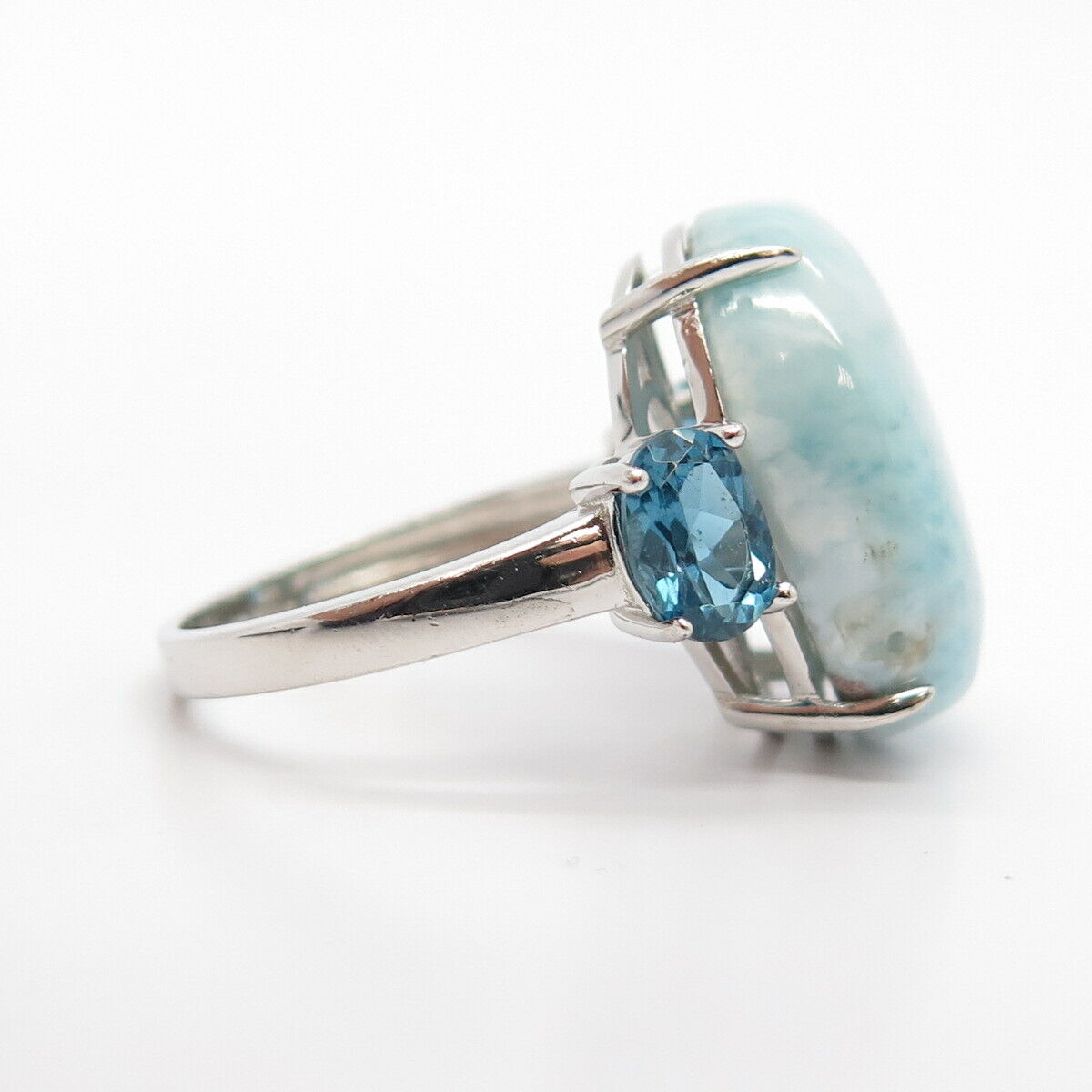 925 Sterling Silver Real Larimar & London Blue Topaz Gem Ring