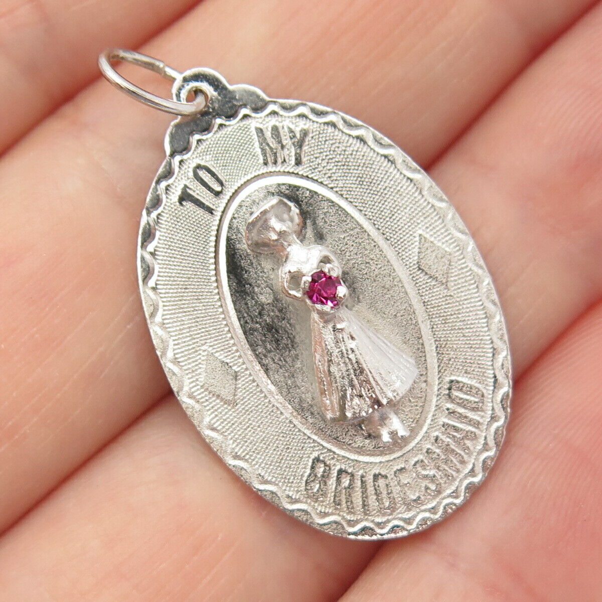 925 Sterling Silver Vintage Pink C Z "To My Bridesmaid" Pendant