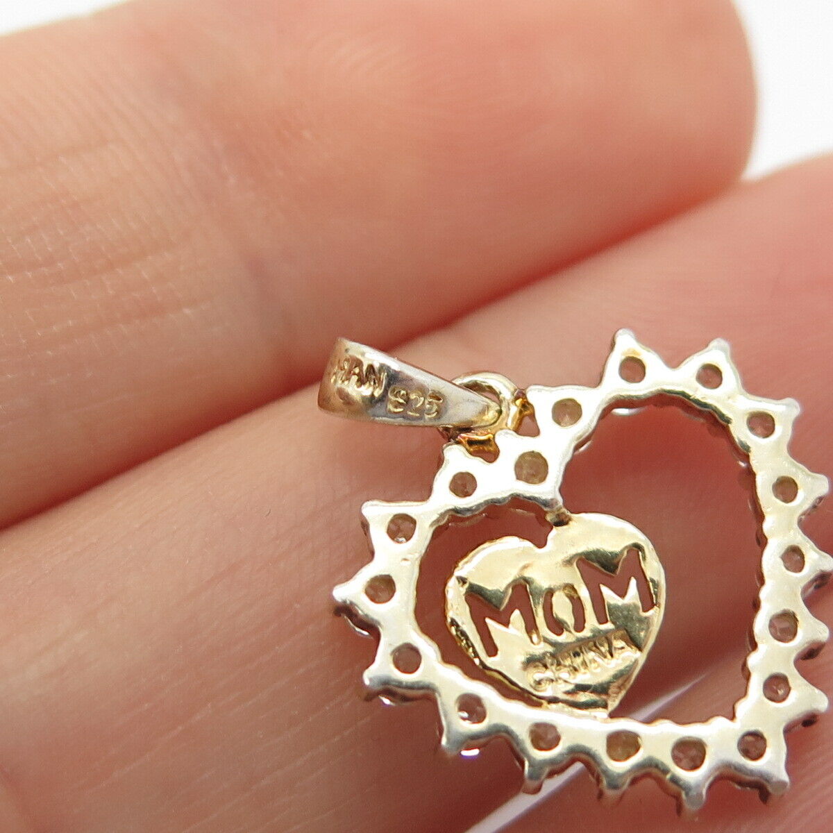 925 Sterling Silver Gold Plated C Z "Mom" Open Heart Pendant