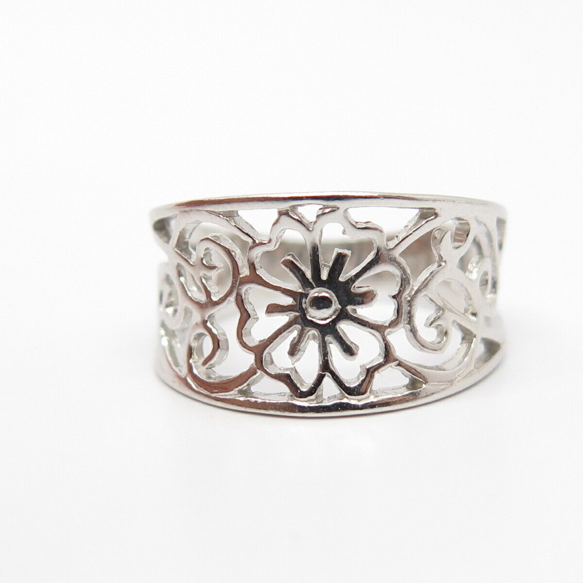 925 Sterling Silver Open-Work Swirl Ornate Floral Ring