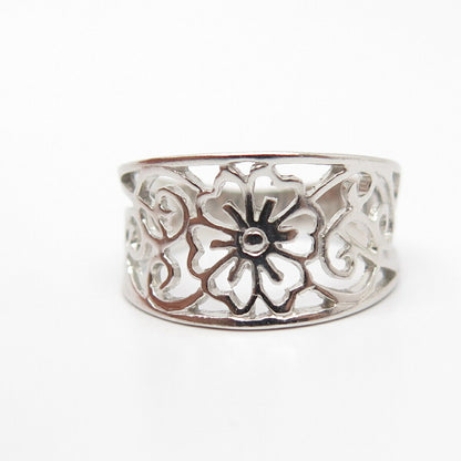 925 Sterling Silver Open-Work Swirl Ornate Floral Ring