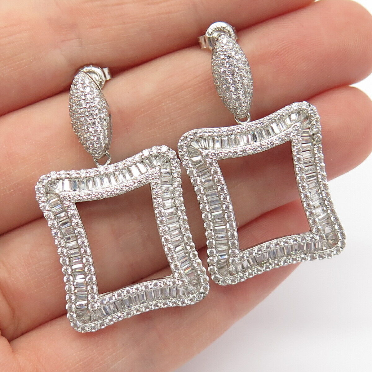 925 Sterling Silver Pave C Z Square Dangling Earrings