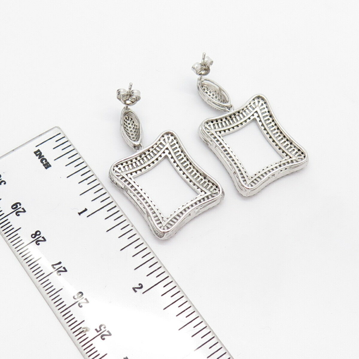 925 Sterling Silver Pave C Z Square Dangling Earrings