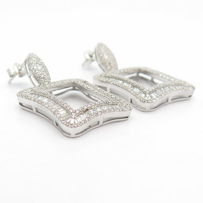 925 Sterling Silver Pave C Z Square Dangling Earrings