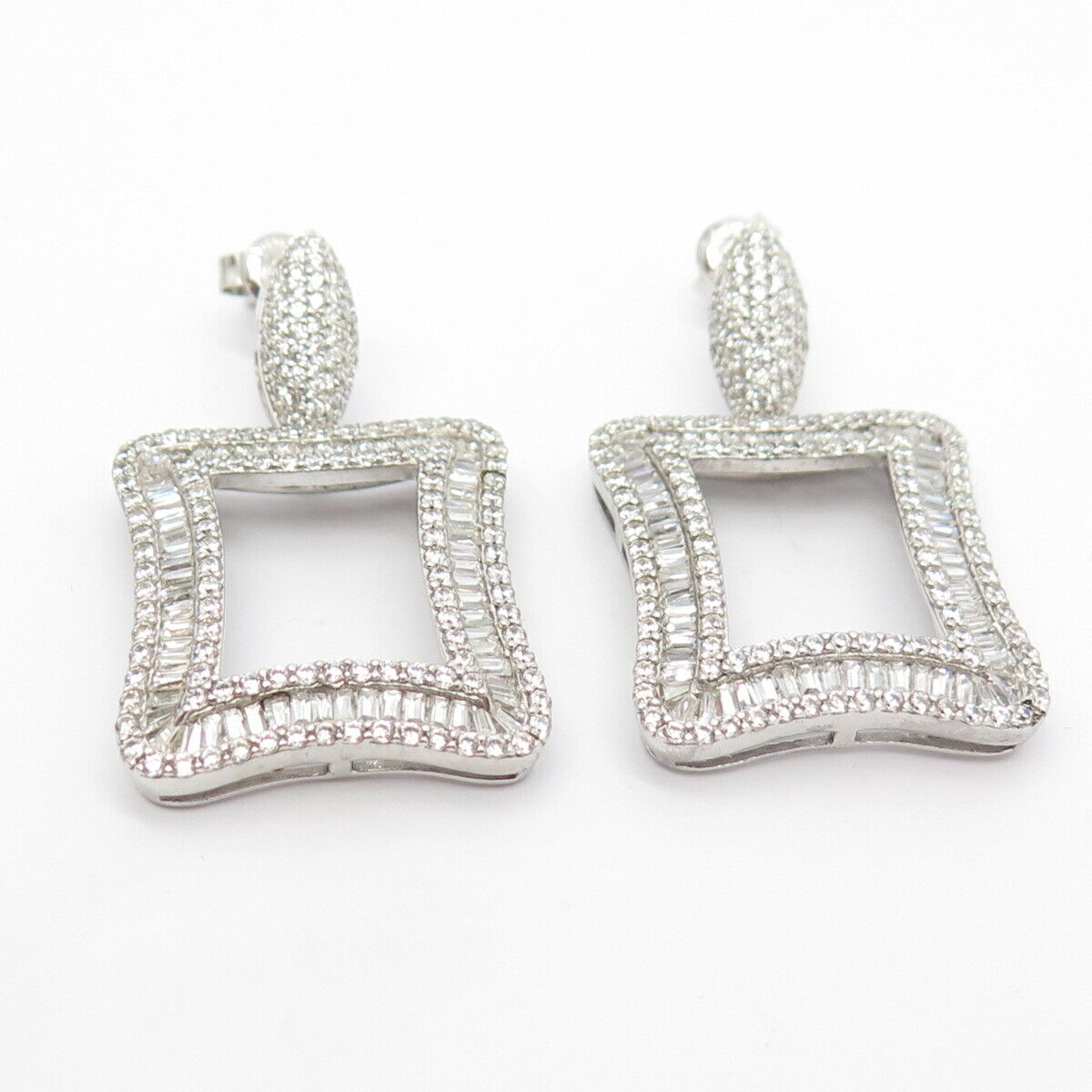 925 Sterling Silver Pave C Z Square Dangling Earrings