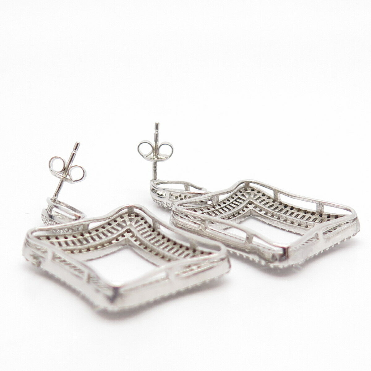 925 Sterling Silver Pave C Z Square Dangling Earrings